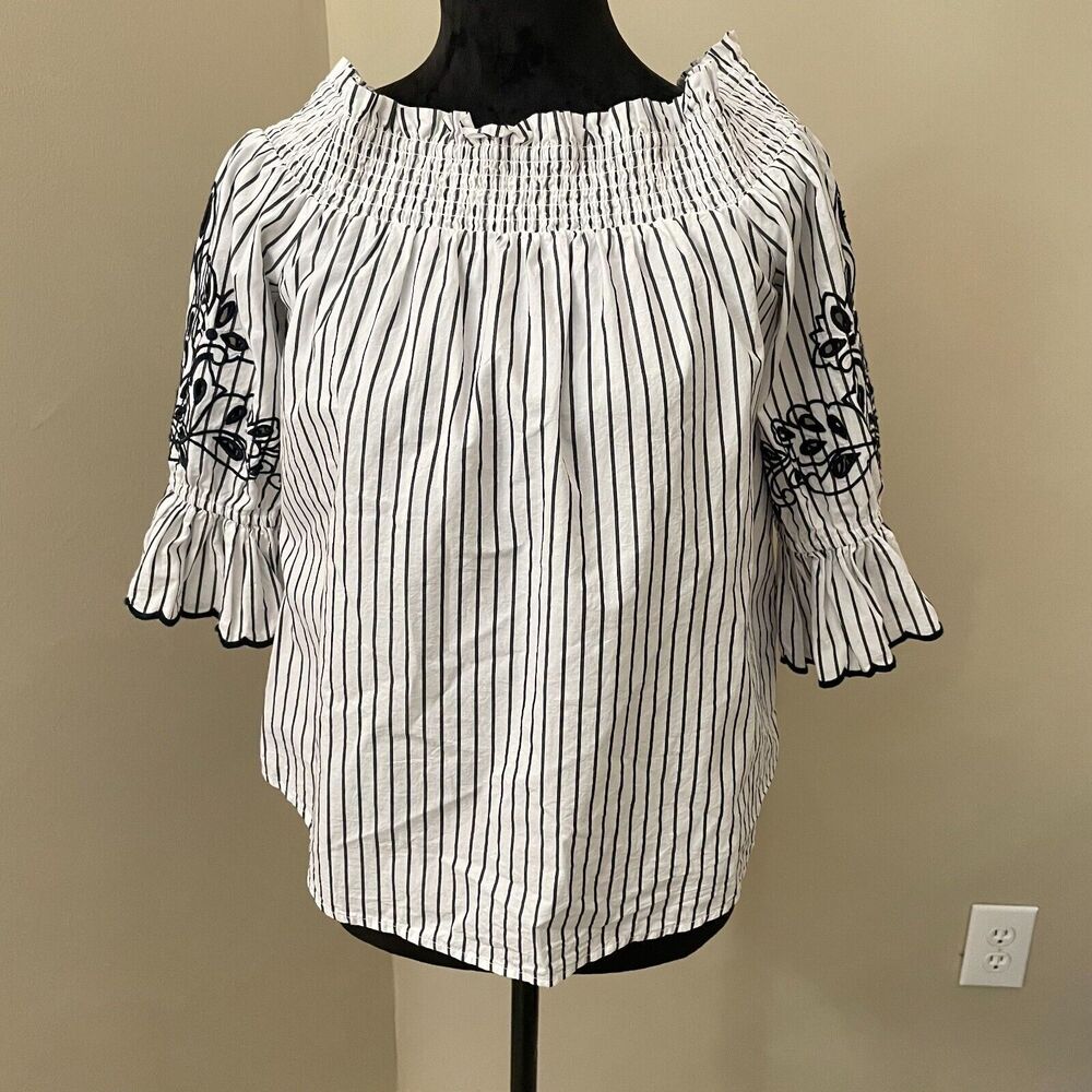 Chico’s Off Shoulder Blouse Size 1 Medium Black White Stripe Smocked Bell Sleeve